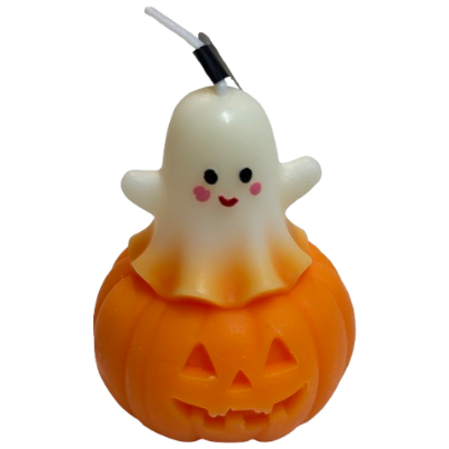 Boo! candle: cheerful ghost with arms up on top of a jack-o'-lantern
