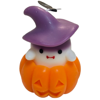 Little Witch candle: ivory ghost in a plum witch hat inside an orange jack-o'-lantern