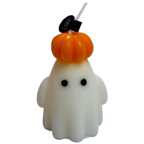 Pumpkin Head candle: ivory ghost with a small orange pumpkin on its head