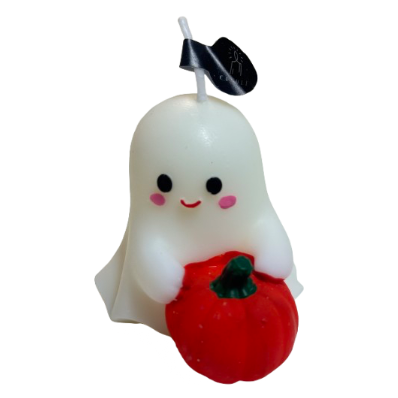 Pumpkin Hug candle: smiling ivory ghost hugging a red pumpkin