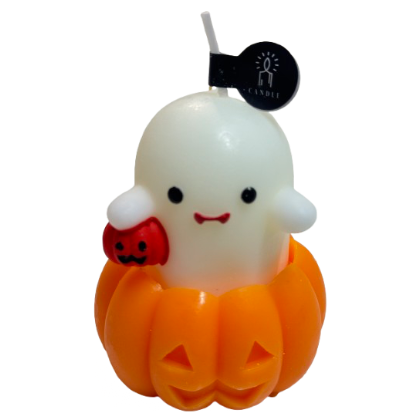 Trick or Treat candle: little ghost in a jack-o'-lantern holding a tiny jack-o'-lantern
